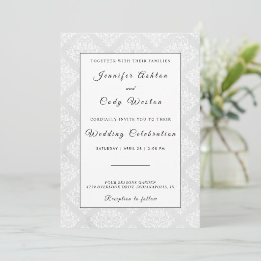 Elegante Damask White Wedding Invitation Card Einladung (Stehend Vorderseite)