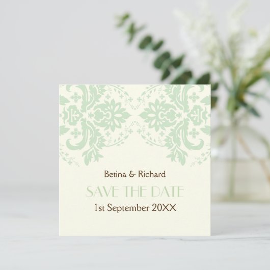 Elegante Damaske Minzeheirat Ehe Sichern Datum Einladung (Stehend Vorderseite)