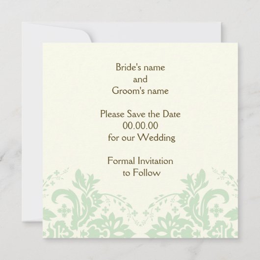 Elegante Damaske Minzeheirat Ehe Sichern Datum Einladung (Rückseite)