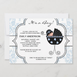 Elegante Damast Blau-Schwarze Babyparty für Jungen Einladung