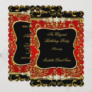 Elegante Damast-Rot-Schwarz-Gold-Geburtstagsfeier Einladung