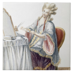 Elegante Dame an ihrer Frisierkommode, Platte von Fliese