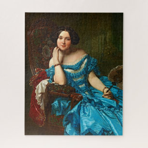 Elegante Dame in blaugrünem Kleid im Vintage-Stil Puzzle