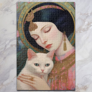 Elegante Dame in Rosa mit weißer Katze I Jugendsti Puzzle