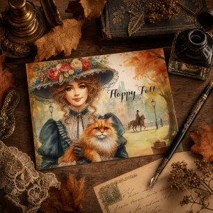 Elegante Dame mit Katze Glücklicher Herbst Postkarte