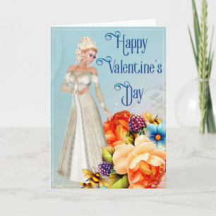 Elegante Dame mit Valentinstag-Karte für Rose Feiertagskarte
