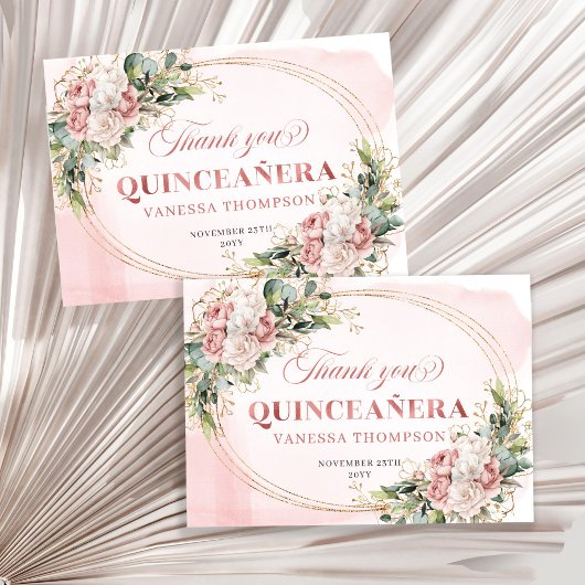 Elegante Danke-Karte mit Boho-Blumen in Staubrosa  Dankeskarte