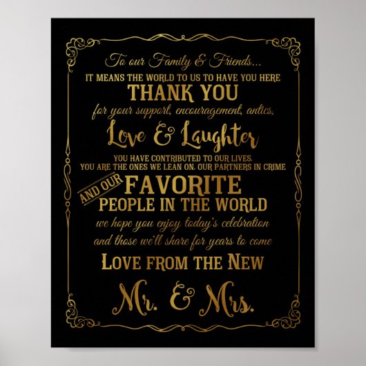 elegante Dankeschön Sie Tafel Hochzeitszeichen Gol Poster (Vorne)