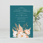 Elegante Dark Aquamarin Boho Chic Fall Floral Wedd Einladung (Stehend Vorderseite)