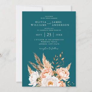 Elegante Dark Aquamarin Boho Chic Fall Floral Wedd Einladung