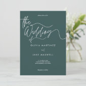 Elegante Dark Aquamarin & White Modern Script Wedd Einladung (Stehend Vorderseite)