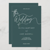 Elegante Dark Aquamarin & White Modern Script Wedd Einladung (Vorne/Hinten)