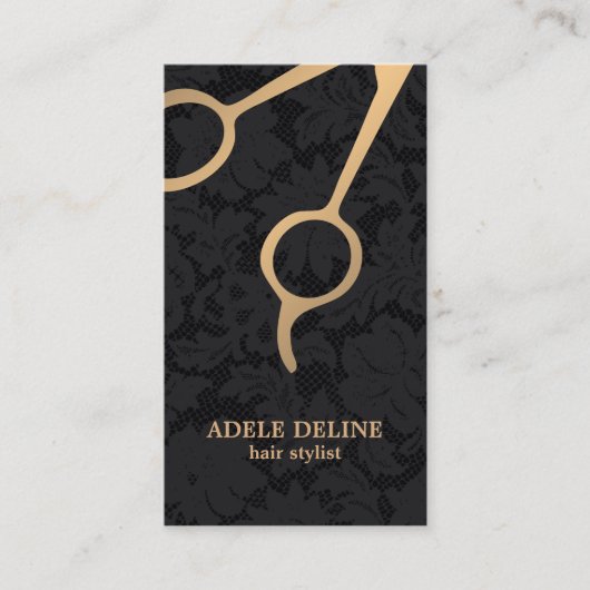 Elegante Dark Black Lace Gold Schissor Haar Stylis Visitenkarte (Vorderseite)