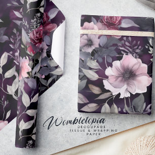Elegante Dark Blossom Lila & Roses Decoupage Geschenkpapier