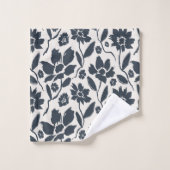 Elegante Dark Blue Floral Cream Leinwand Badhandtuch Set (Waschlappen)
