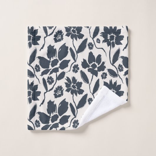 Elegante Dark Blue Floral Cream Leinwand Badhandtuch Set (Waschlappen)