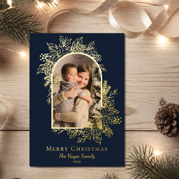 Elegante Dark Blue Frohe Weihnachten Bogen Foto Folien Feiertagskarte