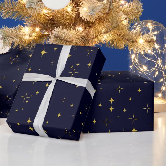 Elegante Dark Blue Gold Stars und Glitzern Gift Geschenkpapier (Feiertage)