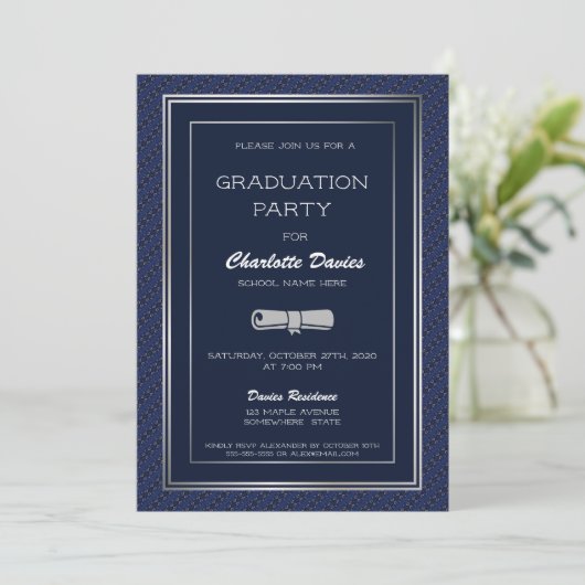 Elegante Dark Blue Silver Border Graduation Party Einladung (Stehend Vorderseite)