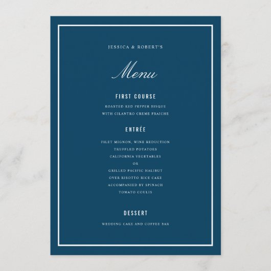 Elegante Dark Blue Wedding Menu Card Menükarte (Vorderseite)
