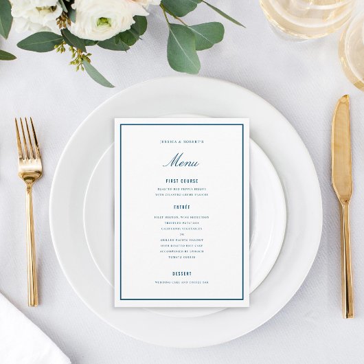 Elegante Dark Blue Wedding Menu Card Menükarte
