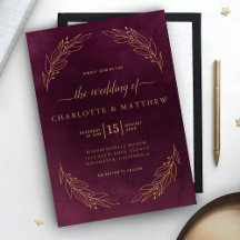 Elegante Dark Burgund und Gold Botanische Hochzeit