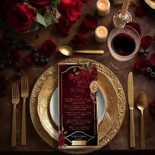 Elegante Dark Burgundy Rote Rose und Gold Wedding Menükarte
