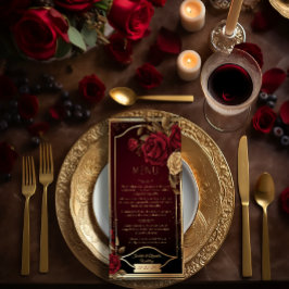 Elegante Dark Burgundy Rote Rose und Gold Wedding Menükarte