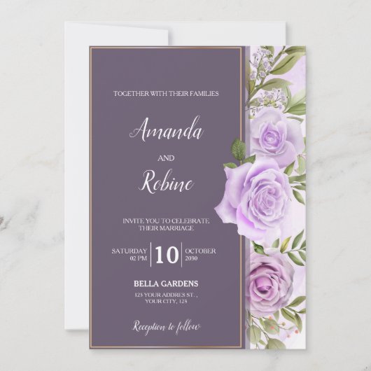 Elegante Dark Lila Floral Wedding Einladung (Vorderseite)