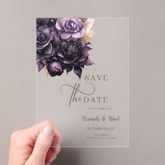 Elegante Dark Lila Rose Save the Date Acryleinladungen (Insitu (Handheld))