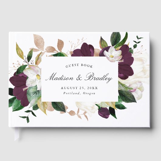 Elegante Dark Plum Floral Wedding Gästebuch (Vorderseite)