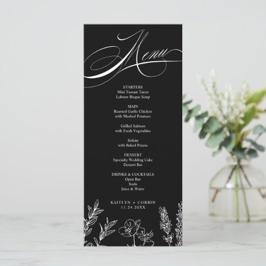 Elegante Dark Wildblume Menu Card Programm (Stehend Vorderseite)