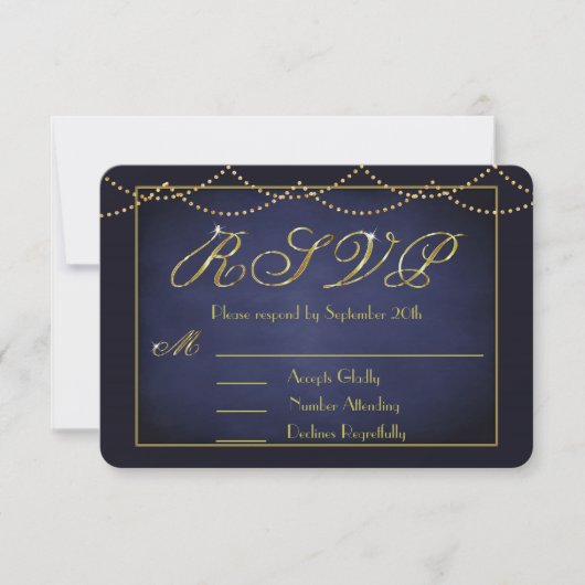 Elegante Deep Blue und Gold Glitzer RSVP Cards (Vorderseite)