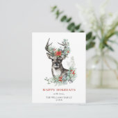 Elegante Deer Poinsettia Weihnachtsgrüße Postkarte (Stehend Vorderseite)
