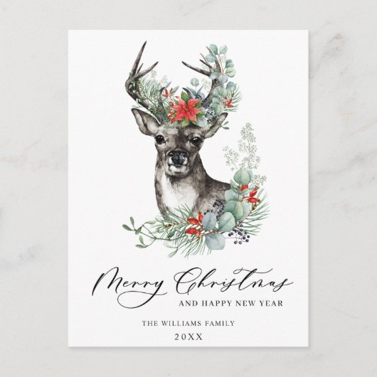 Elegante Deer Poinsettia Weihnachtsgrüße Postkarte (Vorderseite)