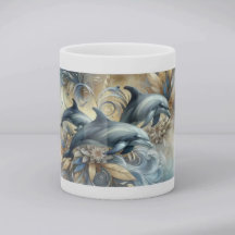 Elegante Delfine mit goldenen floralen Wellen