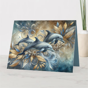 Elegante Delfine mit goldenen floralen Wellen Karte