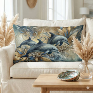 Elegante Delfine mit goldenen floralen Wellen Lendenkissen