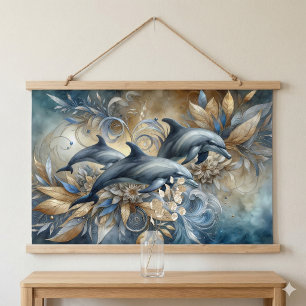 Elegante Delfine mit goldenen floralen Wellen Wandteppich Mit Holzrahmen
