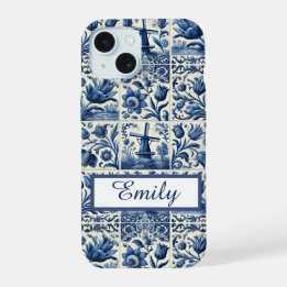 Elegante Delft-Fliesen personalisiert iPhone 15 Hülle