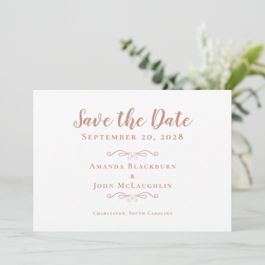 Elegante Delikate Romantische Kalligraphie Rose Go Save The Date (Stehend Vorderseite)