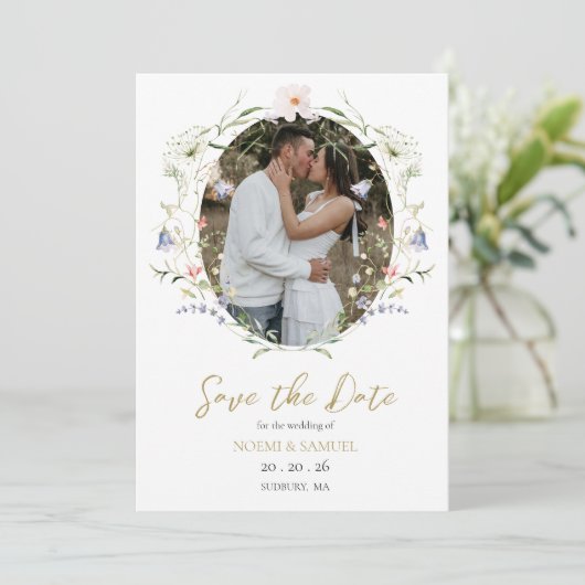 Elegante Delikate Wildblume Save The Date (Stehend Vorderseite)