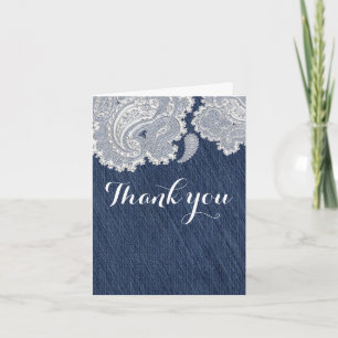 Elegante Denim-Jeans- und weiße Spitze Hochzeitskl Dankeskarte