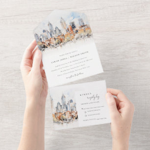 Elegante Denver Colorado Skyline Aquarell Hochzeit All In One Einladung