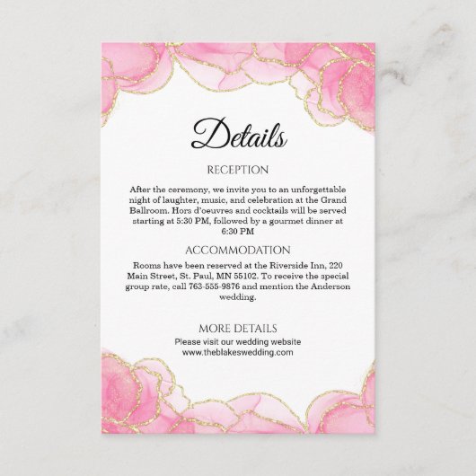 Elegante Details zu modernen Rosa- und Gold-Hochze Begleitkarte (Vorderseite)