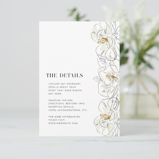 Elegante Details zur Hochzeit in White Magnolia Begleitkarte (Stehend Vorderseite)