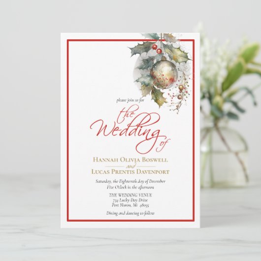 Elegante Dezember Weihnachts-Rote-Hochzeit Einladung (Stehend Vorderseite)