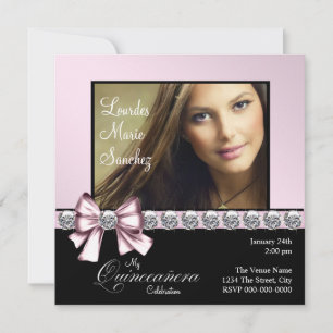 Elegante Diamant-Rosa-Schleife Foto Quinceanera Einladung