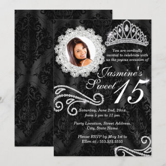 Elegante Diamond & Damask Foto Quinceanera Einladu Einladung