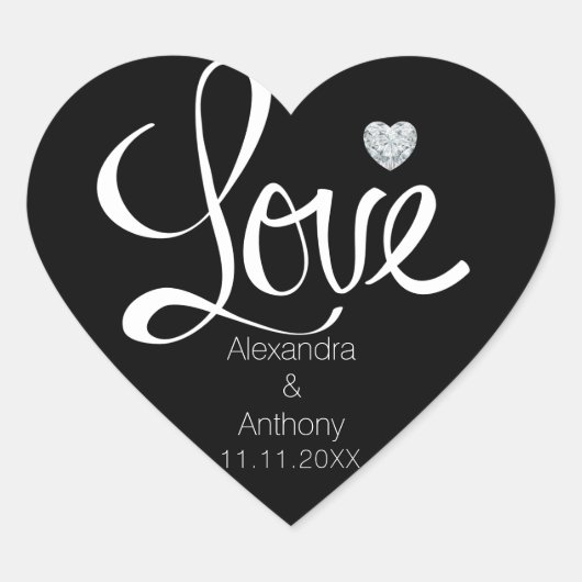 Elegante Diamond Heart LIEBE Black Wedding Siegel Herz-Aufkleber (Vorderseite)